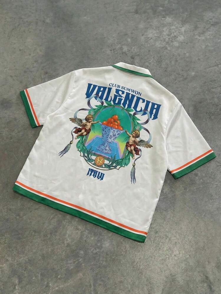 Camisa de estilo de vacaciones de verano con ajuste relajado, cuello con ribete de contraste verde, estampado gráfico en la espalda completa y manga corta con botones