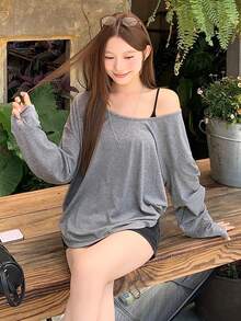 DAZY 女士露肩纯色宽松T恤 - 深灰色 - 查看 5