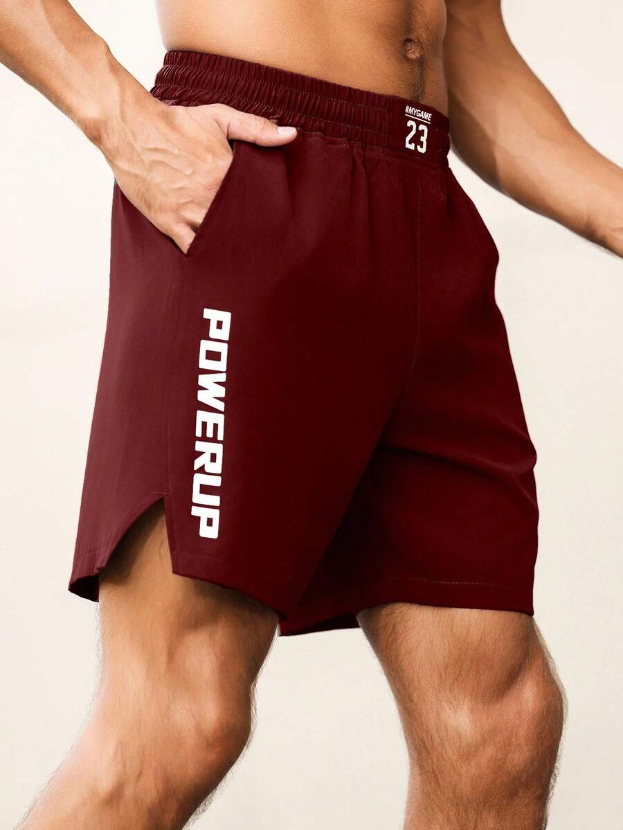Gym Rark Men's Letter Print Elastic Waist Pocket Sports Shorts, Gym - Burgundy - View 1