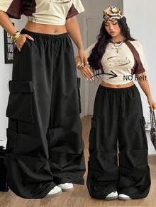 Coolane Quần cargo cạp thấp dáng rộng mùa hè dành cho nữ cỡ lớn, phong cách đường phố cổ điển, kiểu miền Tây Y2K, thích hợp cho các bữa tiệc hoặc lễ hội. - màu đen - Xem 4