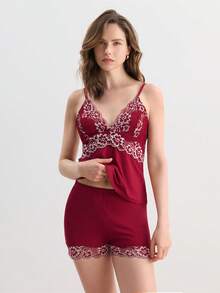 Hourtrue Floral Embroidery Cami Top & Shorts PJ Set / Pajama Set - Burgundy - View 3
