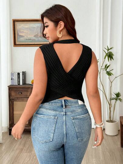 Weeklong Women's Fashionable Casual Sleeveless Loose Cropped Knit Top, Suitable For Summer, Spring, Plus Size, Outdoor, Vacation, Music Festival, Beach