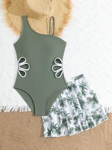 Tween Girls 1-Piece Swimsuit With White Floral Cutout,Green Palm Tree Print Mesh Cover-Up Skirt,2-Piece Set For Swimming,Summer,Beach,Holiday Vacation - Army Green - View 7