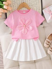 Elladie kids 4-Year-Old Girls' Sweet 3D Floral Decor Short Sleeve Top + White Pleated Skirt Set, Round Neck Loose Fit, Skin-Friendly Fabric, 3D Floral Decor Exquisite And Eye-Catching, White Pleated Skirt Inherent Girlish Charm, Suitable For Daily Outings, Birthday Parties, Holiday Matching, Minimalist Yet Adorable, Easily Create Cute Little Princess Look. - Pink - View 3