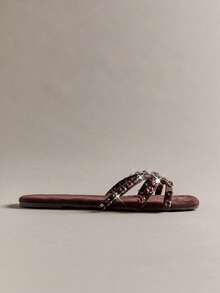 SHEIN Haute Women's Glass Rhinestone Casual Fashion Round Toe Flat Sandals With Straps Mother's Day Present For Christmas Valentine's Day - Chocolate Brown - View 5