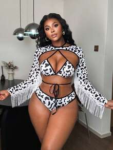 Bare Chapter Bộ bikini và áo choàng 3 món cỡ lớn họa tiết da bò gợi cảm. - Đen và trắng - Xem 4