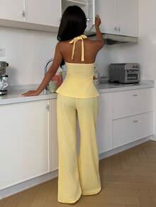 ZzzCrew Solid Color Front Tie Halter Top And Lounge Pants Set - Yellow - View 2