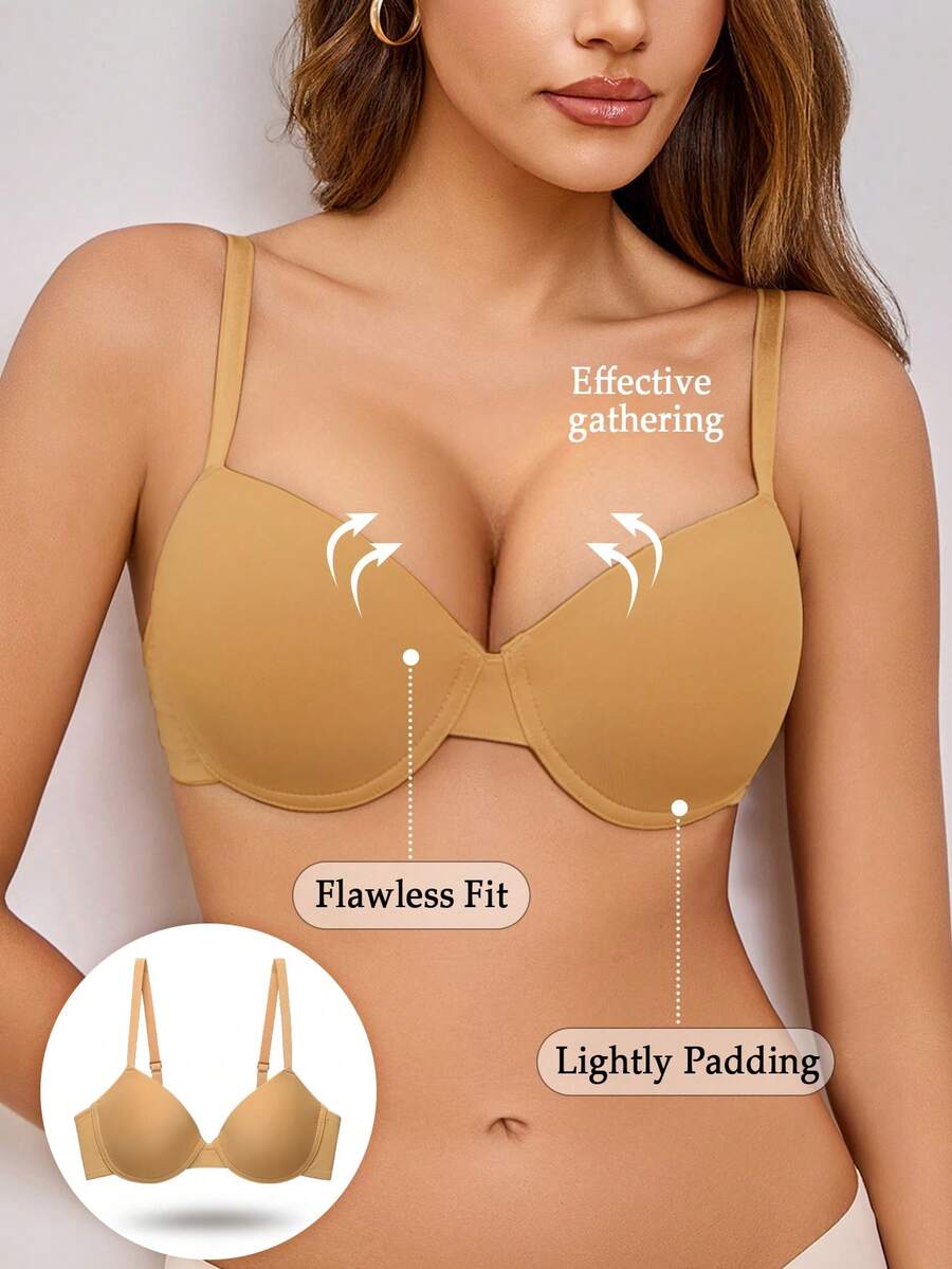 SHEIN 女士纯色舒适钢圈文胸 - 薑色 - 查看 1