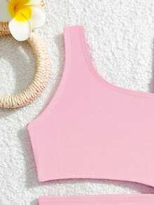 Souflis Souflis Young Girls Striped & Solid Color Patchwork Hollow Out One-Piece Swimsuit, Suitable For Swimming, Vacation, Beach In Summer - Baby Pink - View 3