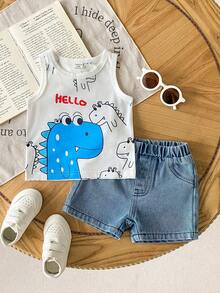 SHEIN Playful Pals 2pcs Baby Boys Summer Outfit,White Sleeveless Dinosaur Print Tank Top & Washed Blue Denim Shorts,Casual Beach Wear,Soft Fabric,Fashionable Set - White - View 7