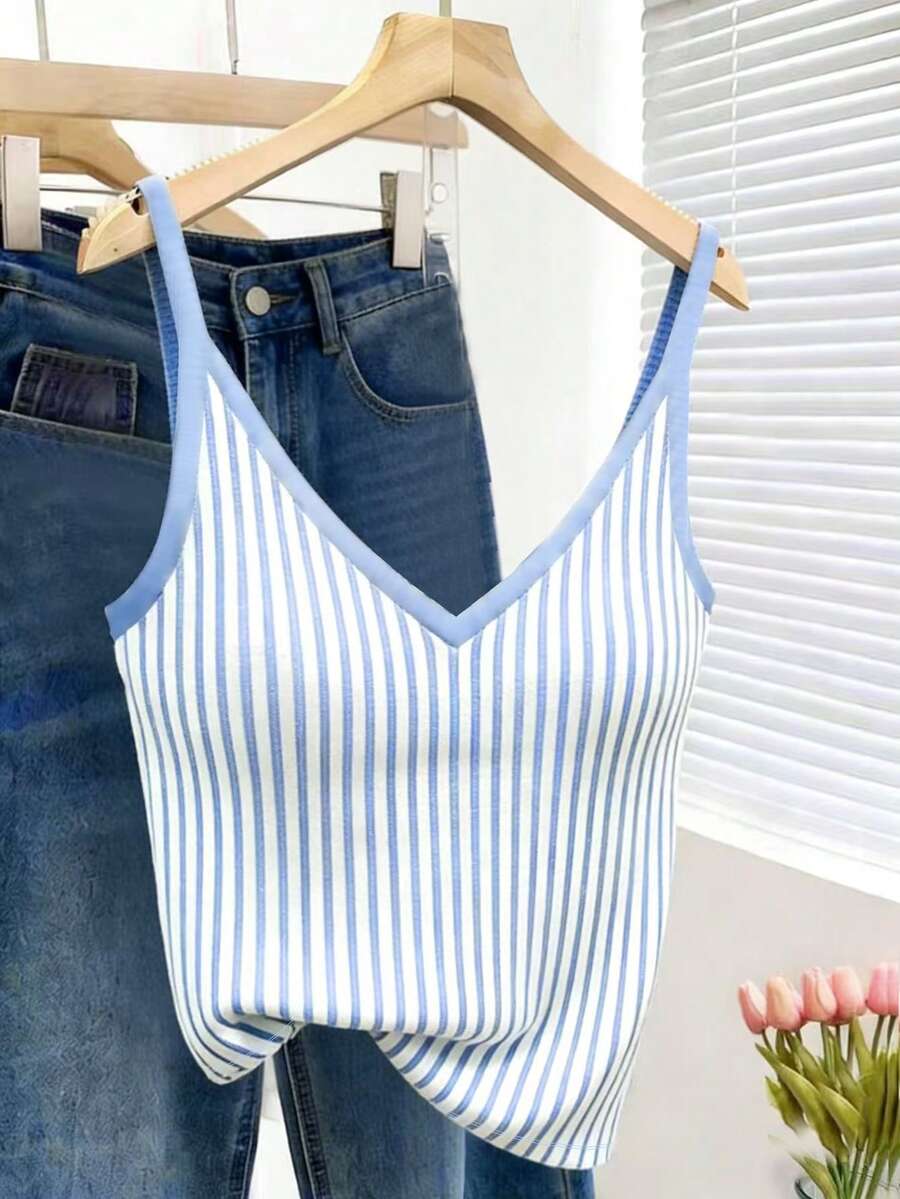 Resyla 女士时尚内衣风上衣，春夏条纹印花修身吊带背心 - 彩色 - 查看 1