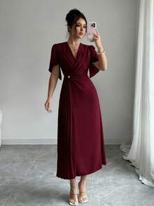 Rafferiza Solid Color Chiffon Cinched Waist Elegant Pleated Dress - Burgundy - View 4