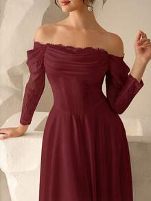 Coutiva 长袖蕾丝修身露肩婚纱 - 酒紅色 - 查看 7