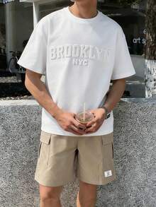 2 Stücke Minimalistisches geprägtes Rundhals T-Shirt und weite gerade Shorts Set für Teenager Jungen, Kontrastfarbiger Saum-Design, modische Passform, angenehmer Stoff, geeignet für Frühling, Sommer und Herbst - Weiss - Übersicht 6