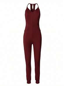 EMERY ROSE 纯色吊带无袖休闲舒适透气连体裤 - 酒紅色 - 查看 4