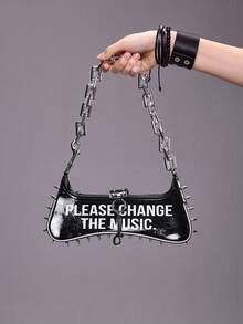 ROMWE Grunge Punk Túi đeo vai nữ cá tính, đính đinh tán, dây đeo bằng acrylic - Túi xách phong cách đường phố hiện đại, thích hợp cho sử dụng hàng ngày, lý tưởng cho buổi hẹn hò ngày Valentine. - Gương màu đen - Xem 6