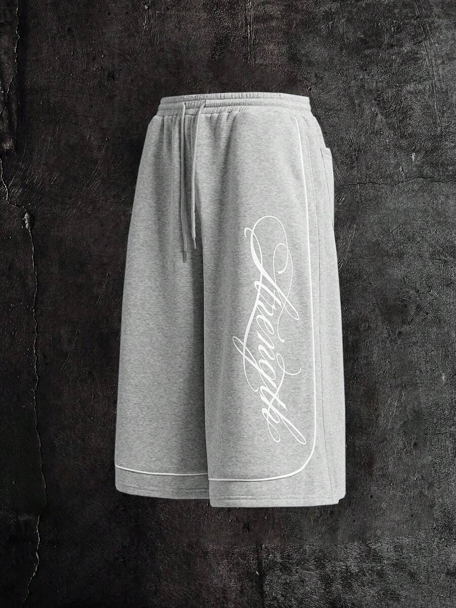 AXEPEAK Men's Letter Print Drawstring Waist Casual Shorts - Grey - View 1