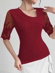Modelyn Ladies' Asymmetric Neckline Contrast Mesh Summer T-Shirt Graphic Tees Women Tops - Burgundy - View 4