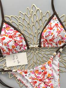 Swim Vcay Bộ bikini 2 món dành cho nữ, họa tiết hoa nhí ngẫu nhiên, cổ chữ V, kiểu buộc dây cổ, gợi cảm, thích hợp cho mùa hè. - Nhiều màu - Xem 3