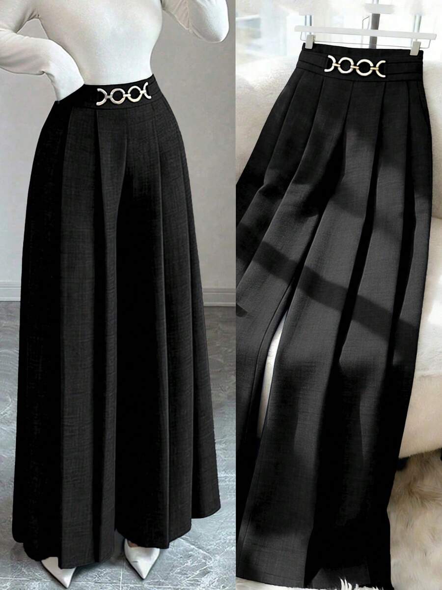 Elenzga New Women's High Waist Side Zipper Decor Button Design Wide Leg Pants, Elegant Casual Daily Wear, Spring/Autumn - Black - View 1