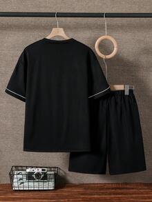 2件套青少年男童时尚黑色T恤短裤套装，面料柔软舒适，适合外出、摄影、运动及各种场合，百搭实用。 - 黑色 - 查看 2