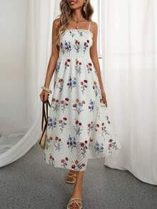 SHEIN ChicEase Summer Women Floral Print Sling Dress (Asymmetrical Hem) Women's Summer Dresses Pretty Dress For Women Long Casual Dresses For Woman Good Quality Dresses Women's Summer Dresses Women Sun Dress Women Sundresses Women Holiday Dress - White - View 3