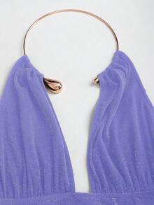 SHEIN Sweetro Áo hai dây choker xếp ly, bóng bẩy, khoét sâu lưng, gợi cảm dành cho nữ, kiểu dáng thời trang, tôn dáng, thích hợp cho tiệc tùng, mùa xuân/hè. - Màu tím  Violet - Xem 4