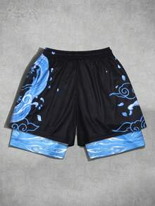 ROMWE MEN Anime Men's Summer Fashionable Street Dragon & Sakura Print Drawstring Waist Shorts - Black - View 2