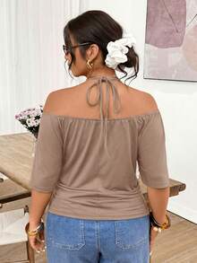 Lounesse Plus Size Women's Off-Shoulder Black T-Shirt With Beaded Tie Design - Khaki - View 3