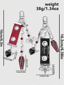 ROMWE Goth 2款Y2k甜美酷炫复古重工业朋克暗风哥特红黑亮面皮革金属透气眼孔树脂圆珠古银油滴十字架棺材骷髅头骨一箭穿心恶魔蝙蝠空心翅膀DIY钥匙扣包包吊坠，组合套装，适合女性、女孩、姐妹、女友、情侣、日常佩戴、节日礼物 - 彩色 - 查看 3