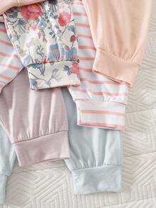 SHEIN 新生儿男女通用可爱短袖连体衣、裤子和帽子三件套柔软纯棉夏季套装 - 彩色 - 查看 3