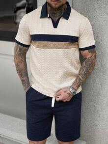Manfinity Homme Men's Contrast Color Polo Shirt And Solid Shorts Set - Apricot - View 5