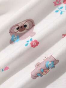 DAZY Cute Cartoon Animal & Ditsy Floral Contrast Trim Loose Fit Women Pajama Top - White - View 7
