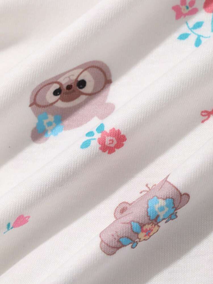 Cute Cartoon Animal & Ditsy Floral Contrast Trim Loose Fit Women Pajama Top