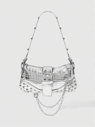 ROMWE Grunge Punk Women's Star Pattern Y2K Shoulder Bag, Minimalist Large Capacity Handbag, Travel Tote, Fashion Evening Clutch, Party Square Handbag & Crossbody Bag, Suitable For Wedding, Party, Gala, Women's Chain Decor Underarm Bag, Casual Phone & Coin Purse, Fashionable Niche Design, Steampunk, Gothic, Women's Bag, Cool Girl Street Style, Perfect For Music Festivals, Concerts, Rock Style Women Bag , Punk