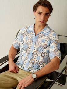 RONVEXI Áo polo nam dệt kim họa tiết hoa, thích hợp cho kỳ nghỉ hè, có cúc cài phía trước. - Màu xanh nhạt - Xem 3