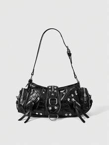 ROMWE Goth Y2K Biker Chic European & American Retro Motorcycle Style Handbag, Fashion Niche Rivet Shoulder Bag With Multi-Pockets, Oiled Wax Leather Crossbody Bag - Black - View 1