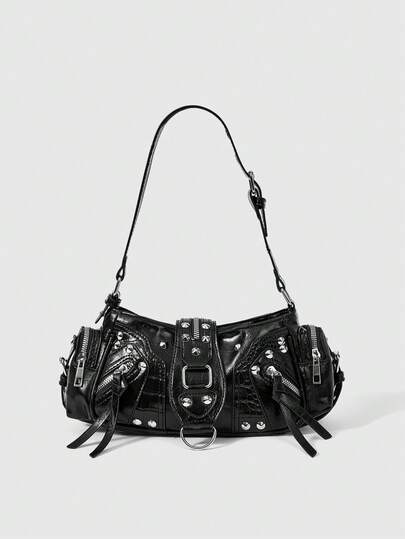 ROMWE Goth Y2K 机车风时尚欧美复古摩托车风格手提包，时尚小众铆钉多口袋单肩包，油蜡皮革斜挎包