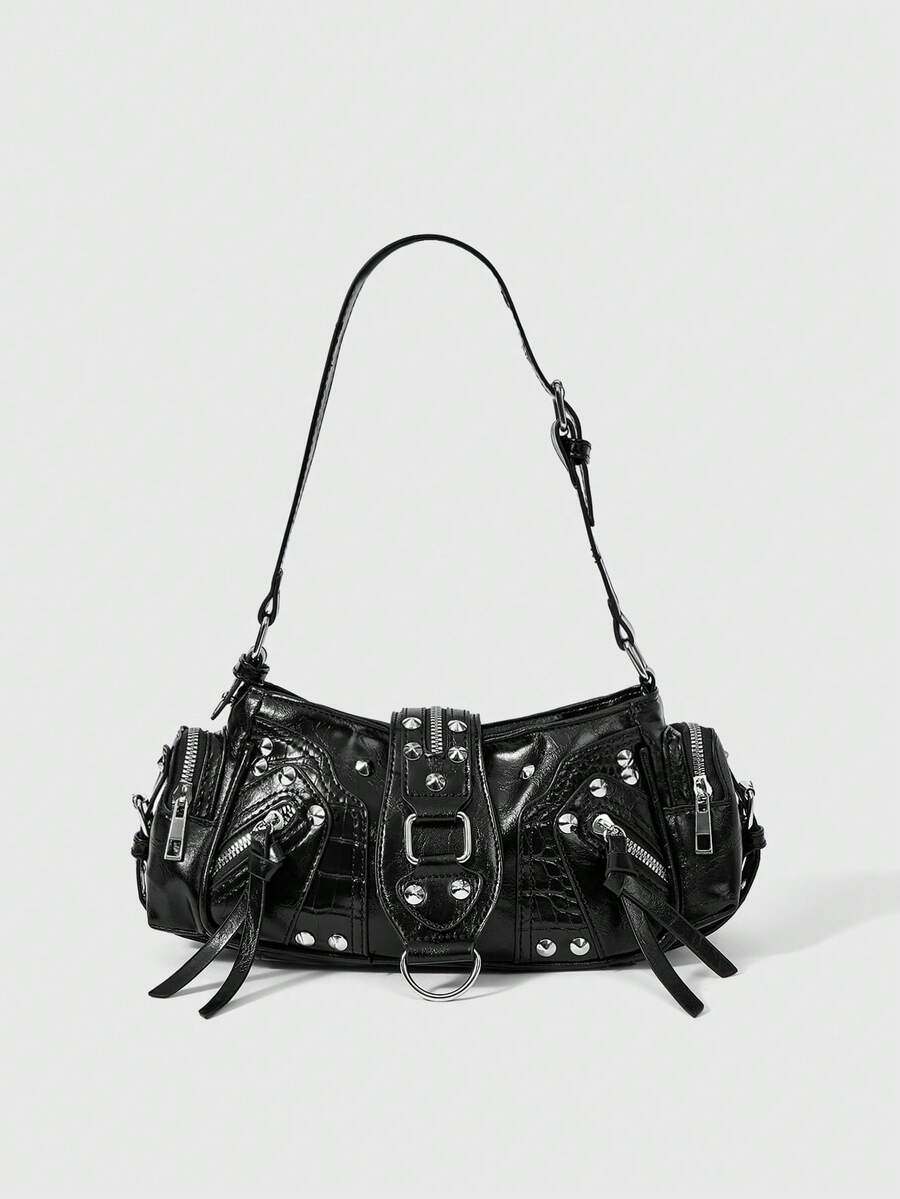 ROMWE Goth Y2K Biker Chic European & American Retro Motorcycle Style Handbag, Fashion Niche Rivet Shoulder Bag With Multi-Pockets, Oiled Wax Leather Crossbody Bag - Black - View 1