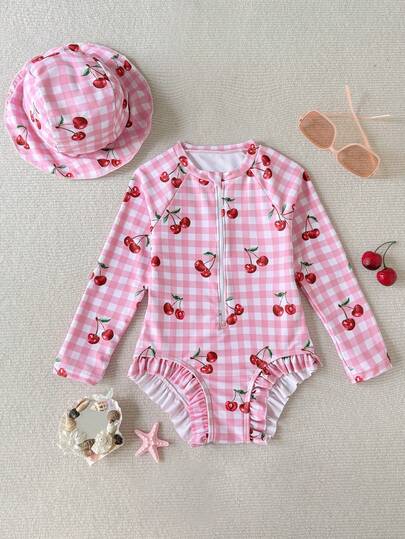 SHEIN Bộ đồ bơi dài tay in họa tiết kẻ caro thắt nút anh đào cho bé gái (kèm mũ), bộ đồ bơi cho bé gái, trang phục đi biển cho bé gái, bộ đồ bơi dài tay đi biển thích hợp cho kỳ nghỉ hè, đồ bơi cổ tròn có khóa kéo cho mùa hè.