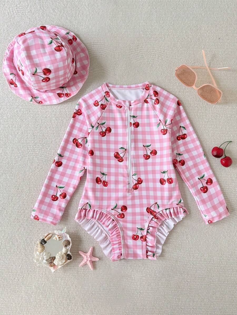 SHEIN Bộ đồ bơi dài tay in họa tiết kẻ caro thắt nút anh đào cho bé gái (kèm mũ), bộ đồ bơi cho bé gái, trang phục đi biển cho bé gái, bộ đồ bơi dài tay đi biển thích hợp cho kỳ nghỉ hè, đồ bơi cổ tròn có khóa kéo cho mùa hè. - Hồng - Xem 1