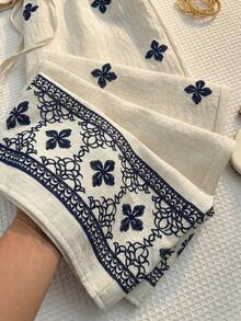 Sunnyshic 女士蓝色复古印花抹胸上衣，荷叶边装饰，搭配抽绳腰宽松长裤，夏季欧美风浪漫海滩度假两件套 - 杏色 - 查看 3