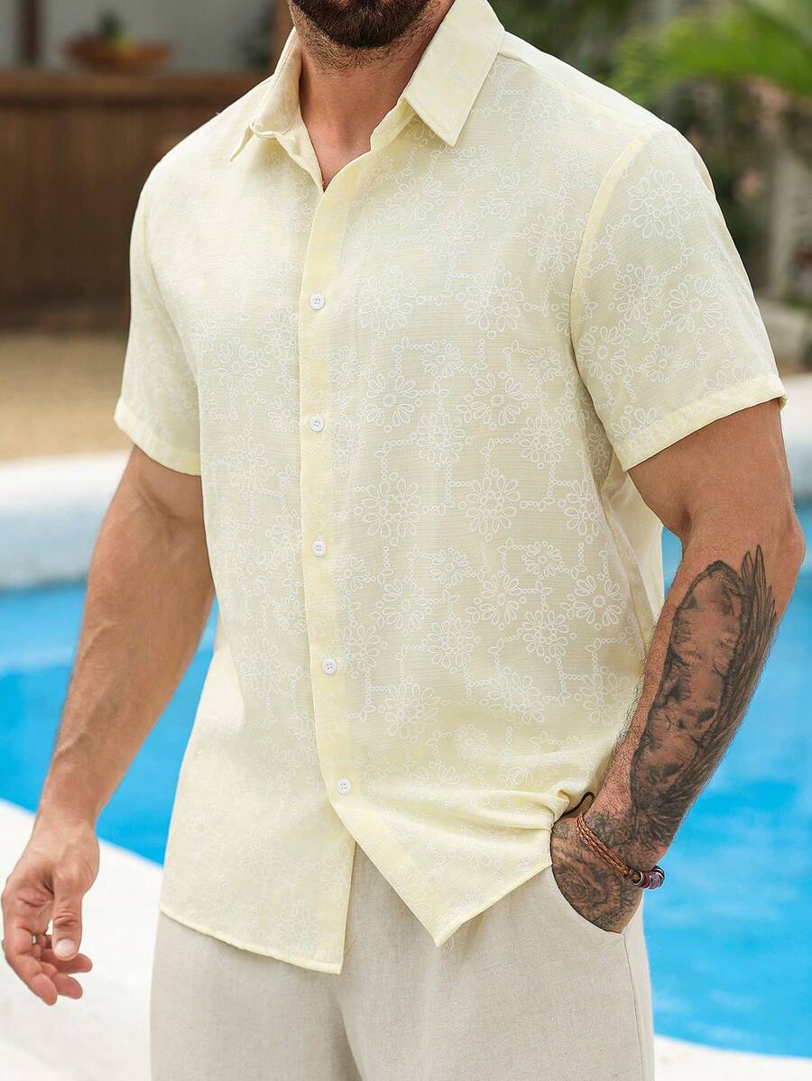 VENTUSAIL Áo sơ mi nam chất liệu có họa tiết thêu, màu vàng nhạt, thích hợp cho mùa xuân/hè. - Màu Mù tạt vàng - Xem 1