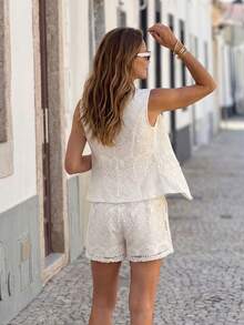 Conjunto de 2 piezas para mujer: Chaleco de metal de un solo pecho y shorts para el verano - Beis 2 - Ver 2