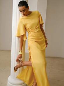 ZEYLAH Elegant Solid Color Side Cinched Waist Slit Dress - Yellow - View 6