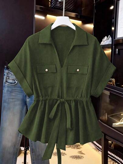 GlowEve CURVE 大码女式新款优雅简约通勤休闲度假法式领夏季休闲纯色V领前开衩抽绳腰金属纽扣蝴蝶结蝙蝠袖翻边短袖衬衫