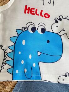 SHEIN Playful Pals 2pcs Baby Boys Summer Outfit,White Sleeveless Dinosaur Print Tank Top & Washed Blue Denim Shorts,Casual Beach Wear,Soft Fabric,Fashionable Set - White - View 9