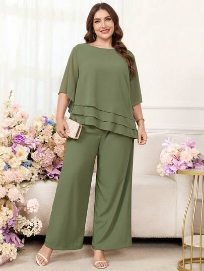 Plus Size Women Solid Color Round Neck Top And Wide Leg Pants Casual 2 Pieces Set