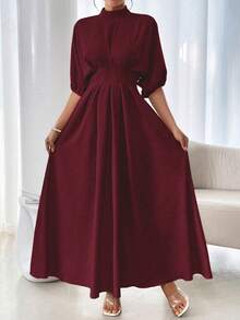 Rafferiza Elegant Round Neck Loose Solid Color Lantern Sleeve Waist Pleated Long Dress For Women - Burgundy - View 3
