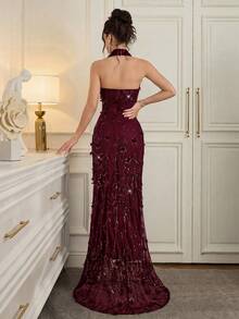 Poshira Luxury Evening Gown, Sequin 3D Floral Decor, Elegant High-End Formal Dress For Gala - Burgundy - View 2